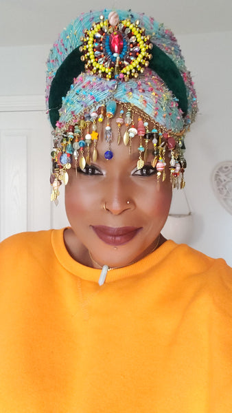 Idia Colourful Multi-Beaded Swarovski Crystal and Gemstone Embellished Fringe Headpiece with Detachable Pendants