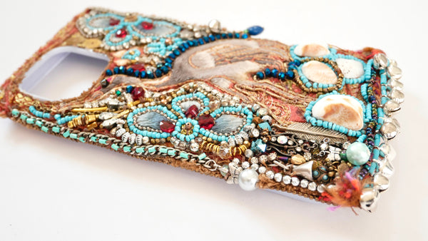 Decorative Custom Handmade Heron and Beach Stone Boho Beaded Embellished iPhone13 Pro Max, iPhone 14 Plus, iPhone 15 ProMax, iPhone 15 Plus Phone Case