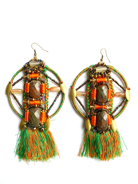 Omalicha Amazonite and Ocean Jasper Tassel Statement Earrings.