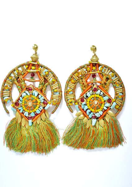 Nkechiyelum Beaded Embellished Turquoise Green Pyrite Jasper Tassel Hoop Earrings