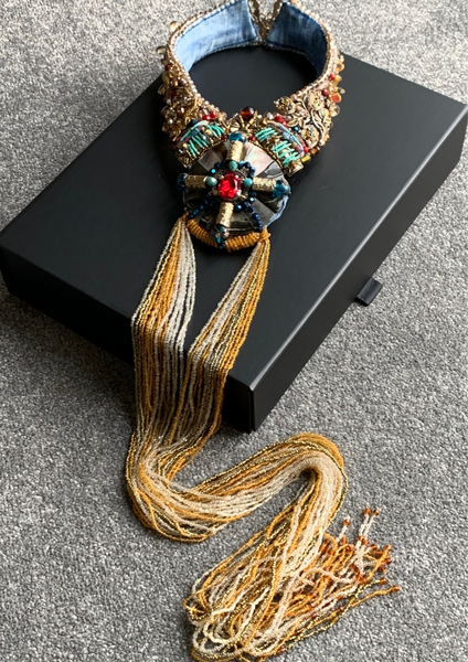 Recycled Denim Necklace with Gold, White & Champagne Glass Beaded Tassels