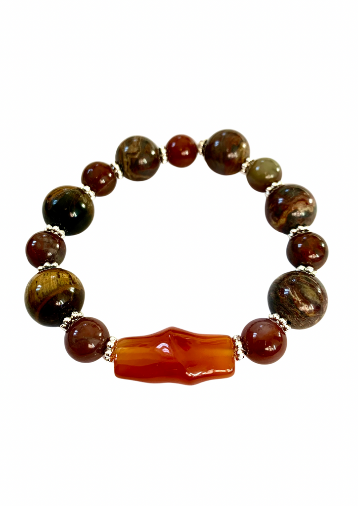 Men’s Brown Jasper and Agate Bracelet with Amber Barrel Focal Bead
