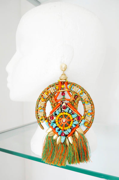 Nkechiyelum Beaded Embellished Turquoise Green Pyrite Jasper Tassel Hoop Earrings