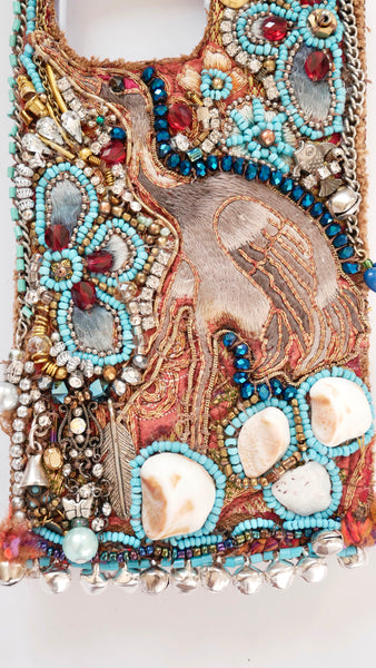 Decorative Custom Handmade Heron and Beach Stone Boho Beaded Embellished iPhone13 Pro Max, iPhone 14 Plus, iPhone 15 ProMax, iPhone 15 Plus Phone Case