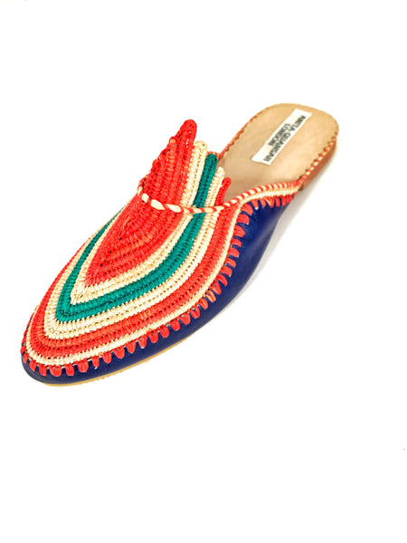 Akila Navy Blue Leather with Multi-Coloured Raffia Slippers