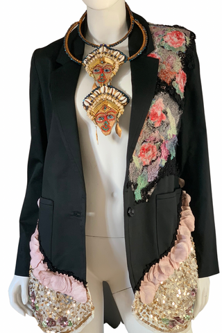 Vibrant Embellished Beaded Floral Applique Women’s Black Cotton Jacket with Sequinned Ruffles