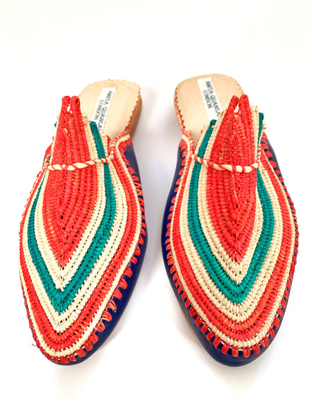 Akila Navy Blue Leather with Multi-Coloured Raffia Slippers
