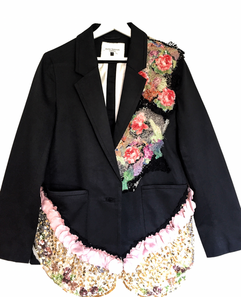 Vibrant Embellished Beaded Floral Applique Women’s Black Cotton Jacket with Sequinned Ruffles