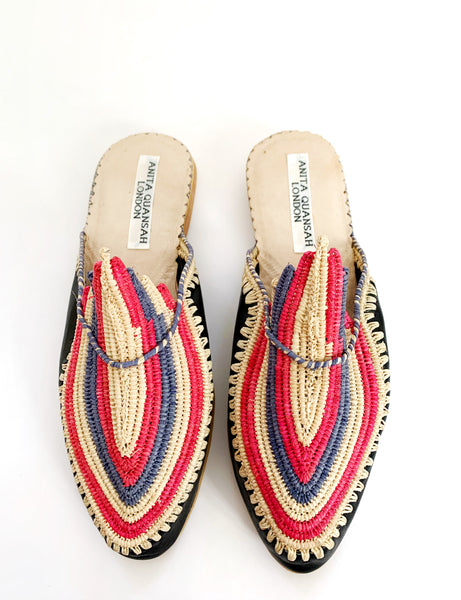Akila Black Leather with Red, Natural and Slate Grey Coloured Raffia Slippers