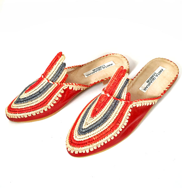 Akila Red Leather with Red, Natural and Slate Grey Raffia Slippers