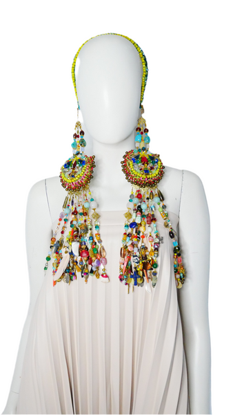 Irene Colourful Multi-Beaded Swarovski Crystal and Gemstone Embellished Fringe Pendant  Headpiece and Neckpiece