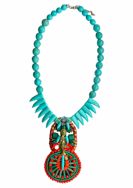 Aniweta Turquoise Beaded Multibeaded, Agate Amethyst and Brass Pendant Necklace