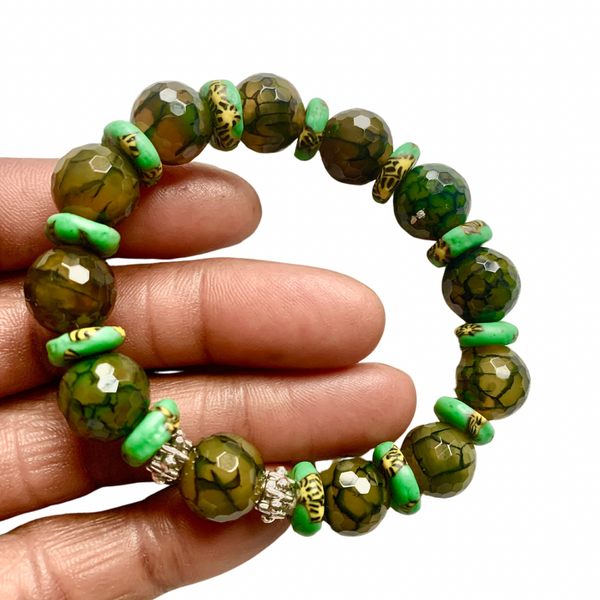 Green Jade and Ghana Krobo Glass Beaded Handmade Bracelet for Men