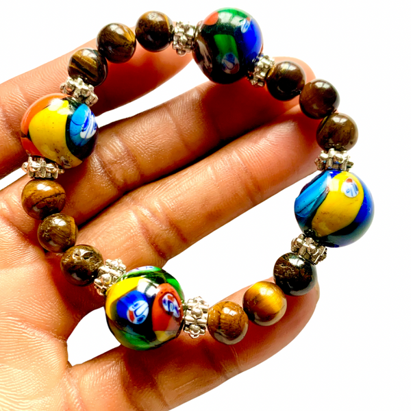 Ghanaian Krobo Bead & Tiger Eye Gemstone Stretch Bracelet for Women – 7 Inch