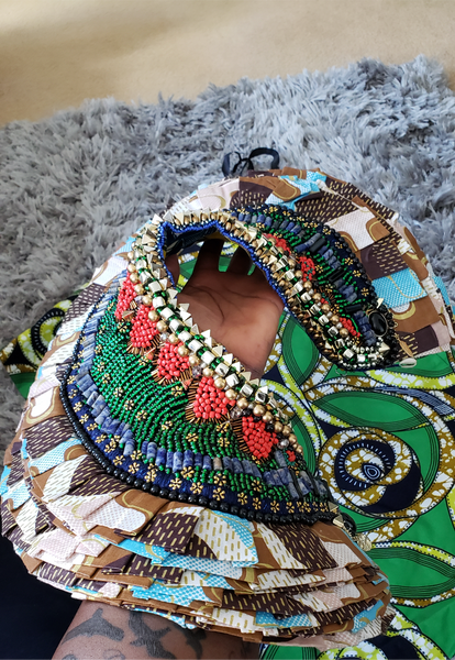 Lasya Bead-Embellished African Textile Print Ruffle Beaded Neckpiece