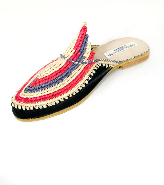 Akila Black Leather with Red, Natural and Slate Grey Coloured Raffia Slippers