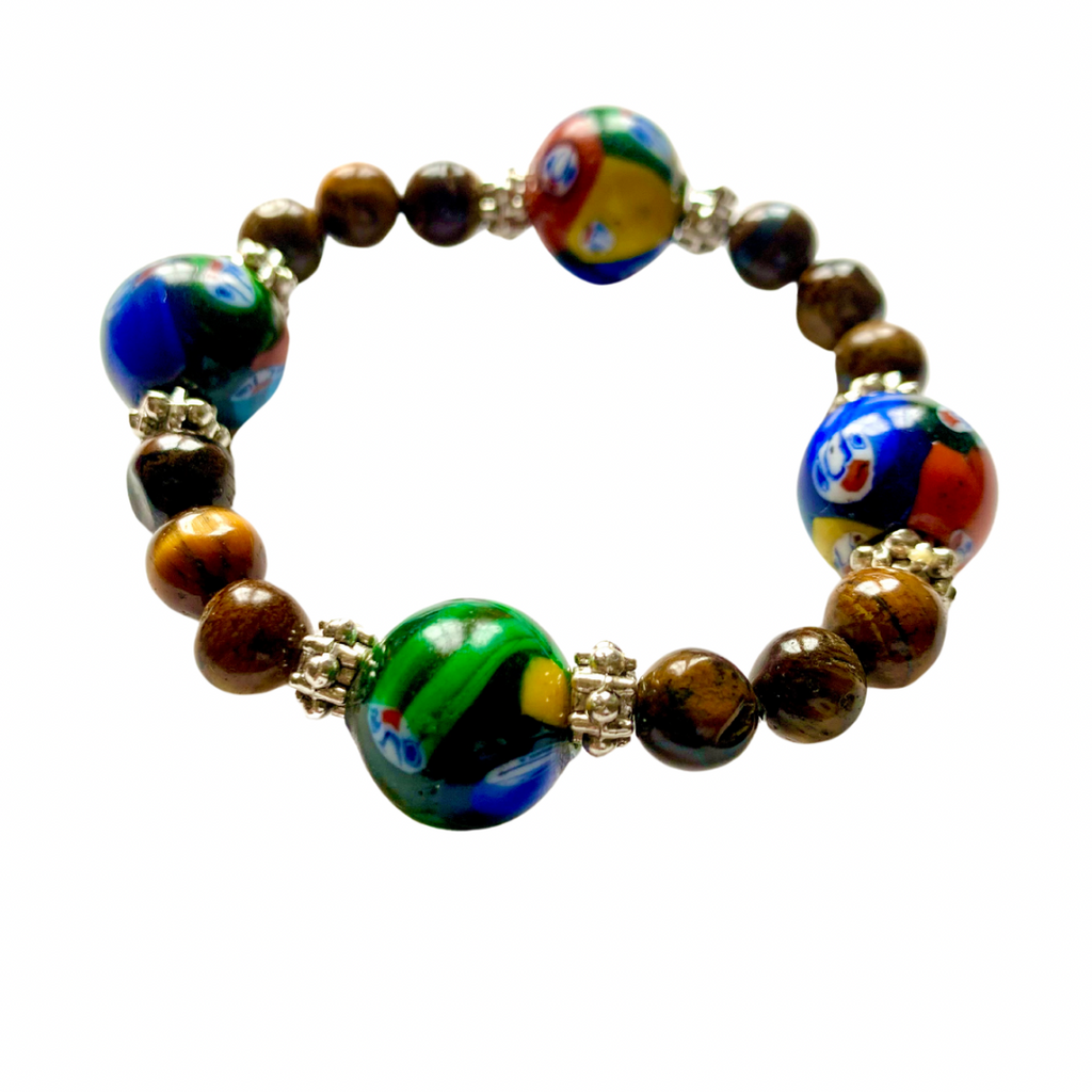 Ghanaian Krobo Bead & Tiger Eye Gemstone Stretch Bracelet for Women – 7 Inch