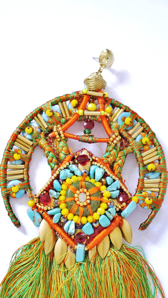 Nkechiyelum Beaded Embellished Turquoise Green Pyrite Jasper Tassel Hoop Earrings