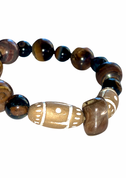 Men’s Tiger Eye, Jasper, White & Gold Wooden Bead, and Shell Stretchy Bracelet (One Size)