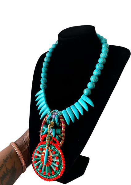 Aniweta Turquoise Beaded Multibeaded, Agate Amethyst and Brass Pendant Necklace