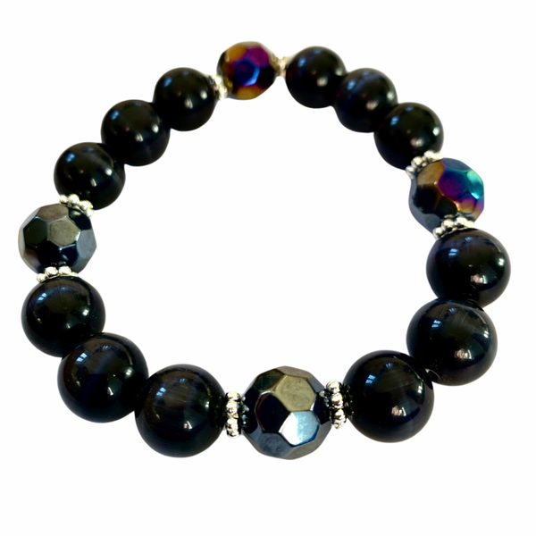 Men’s Black Onyx and Iridescent Gemstone Beads Stretch Bracelet with Silver Detailing