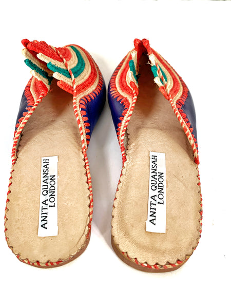 Akila Navy Blue Leather with Multi-Coloured Raffia Slippers