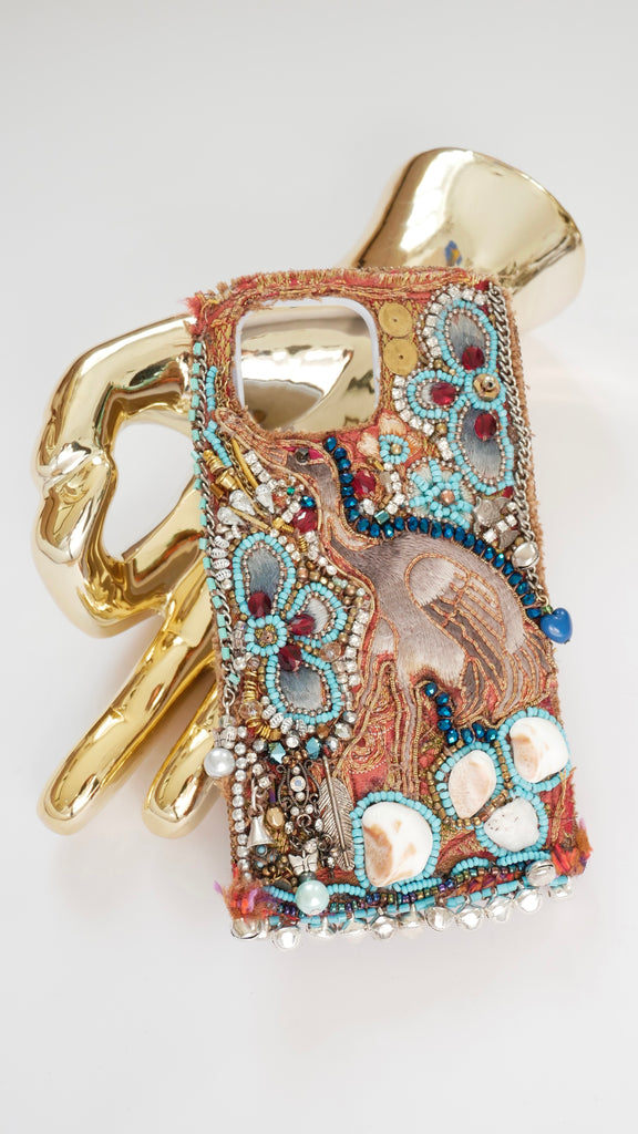 Decorative Custom Handmade Heron and Beach Stone Boho Beaded Embellished iPhone13 Pro Max, iPhone 14 Plus, iPhone 15 ProMax, iPhone 15 Plus Phone Case