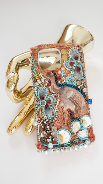 Decorative Custom Handmade Heron and Beach Stone Boho Beaded Embellished iPhone13 Pro Max, iPhone 14 Plus, iPhone 15 ProMax, iPhone 15 Plus Phone Case