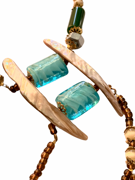 Achalugo Green and Golden Mother of Pearl Barrel Shape Strand Necklace and with Sea Shell, Tiger Eye and Turquoise Gemstone Pendant