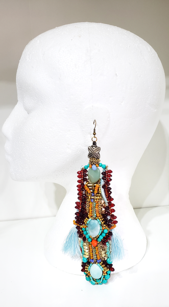 Afryeah Colourful Multi-Beaded Embellished Amazonite and Turquoise Gemstone and Tassel Drop Earrings