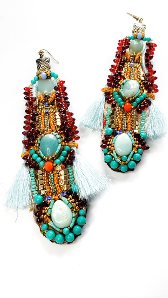 Afryeah Colourful Multi-Beaded Embellished Amazonite and Turquoise Gemstone and Tassel Drop Earrings
