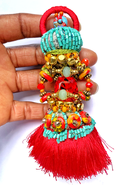Akwali Red Crystal Beaded Red Tassels Dangling Earrings