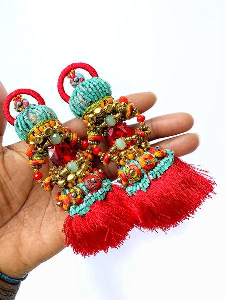Akwali Red Crystal Beaded Red Tassels Dangling Earrings