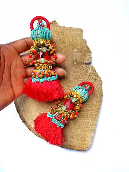 Akwali Red Crystal Beaded Red Tassels Dangling Earrings
