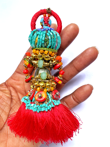 Akwali Red Crystal Beaded Red Tassels Dangling Earrings