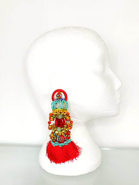 Akwali Red Crystal Beaded Red Tassels Dangling Earrings