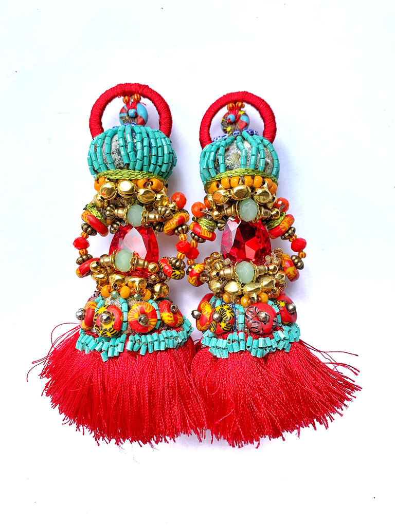 Akwali Red Crystal Beaded Red Tassels Dangling Earrings