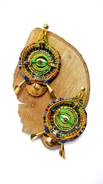 Anyanwu Beaded Embellishment Sun and Eye  Cowrie Shell Circular Hoop Brass Pendant Post Earrings