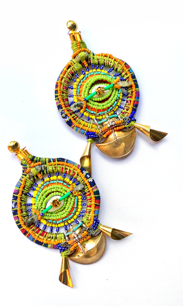 Anyanwu Beaded Embellishment Sun and Eye  Cowrie Shell Circular Hoop Brass Pendant Post Earrings