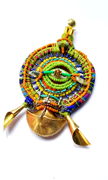 Anyanwu Beaded Embellishment Sun and Eye  Cowrie Shell Circular Hoop Brass Pendant Post Earrings
