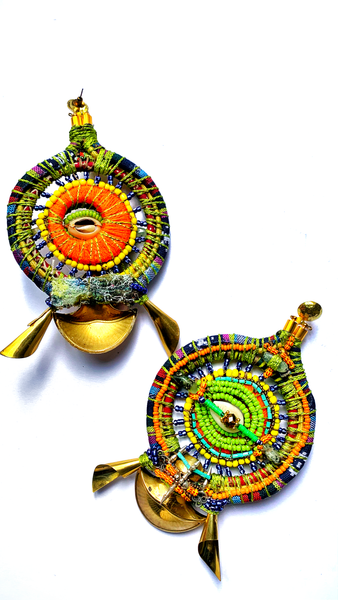 Anyanwu Beaded Embellishment Sun and Eye  Cowrie Shell Circular Hoop Brass Pendant Post Earrings