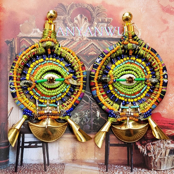 Anyanwu Beaded Embellishment Sun and Eye  Cowrie Shell Circular Hoop Brass Pendant Post Earrings