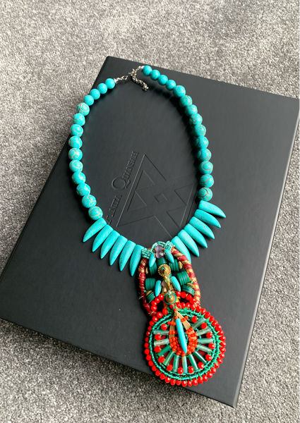 Aniweta Turquoise Beaded Multibeaded, Agate Amethyst and Brass Pendant Necklace