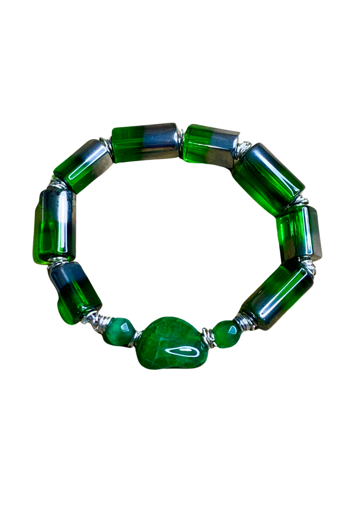 Men’s Green and Silver Electroplated Glass Beaded Bracelet with Aventurine, Jade, and Silver Jump Ring Spacers