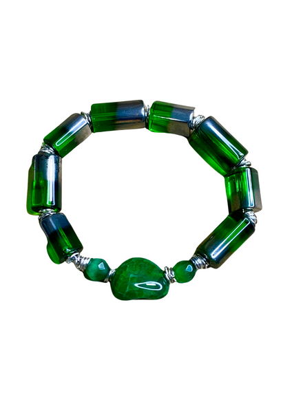 Men’s Green and Silver Electroplated Glass Beaded Bracelet with Aventurine, Jade, and Silver Jump Ring Spacers