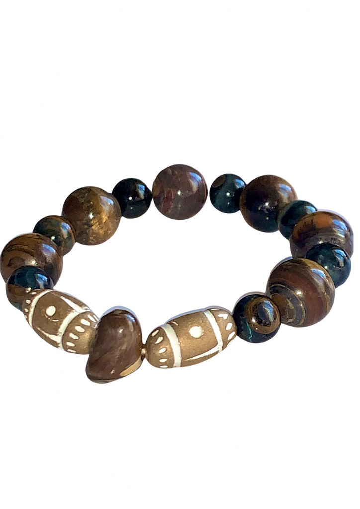 Men’s Tiger Eye, Jasper, White & Gold Wooden Bead, and Shell Stretchy Bracelet (One Size)