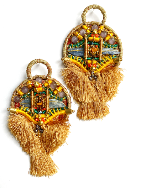 EKeOma Kyanite and Amethyst Tassel Statement Earrings