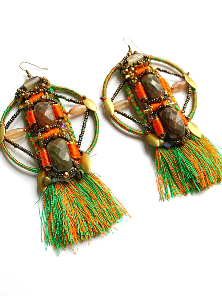 Omalicha Amazonite and Ocean Jasper Tassel Statement Earrings.