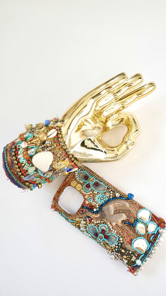 Decorative Custom Handmade Heron and Beach Stone Boho Beaded Embellished iPhone13 Pro Max, iPhone 14 Plus, iPhone 15 ProMax, iPhone 15 Plus Phone Case