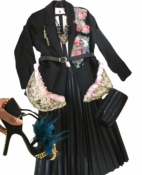 Vibrant Embellished Beaded Floral Applique Women’s Black Cotton Jacket with Sequinned Ruffles
